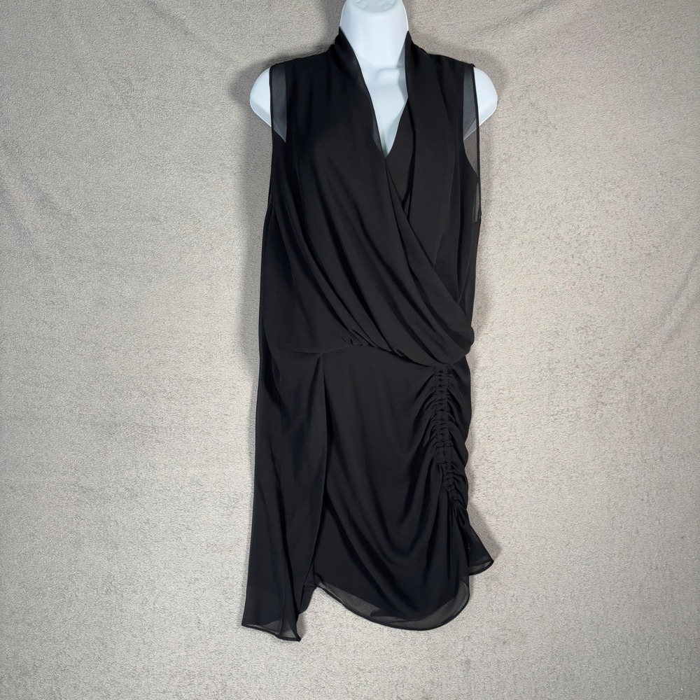 AllSaints Cathea Dress Women Size US 4 Black Ruched Sheath Dress Draped V-Neck